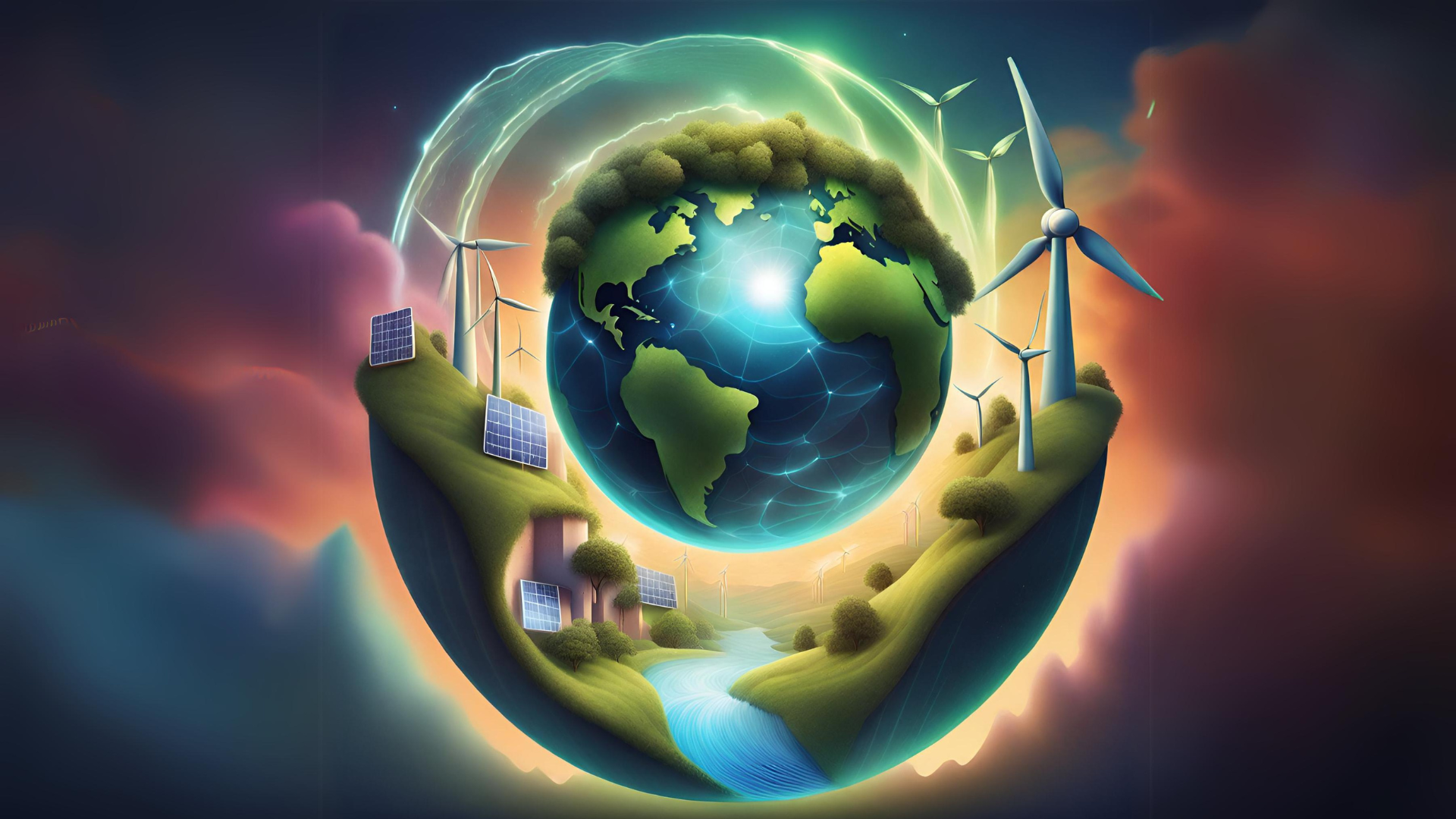 AI-generated image of a world running in renewable energy and operating in a circular economy